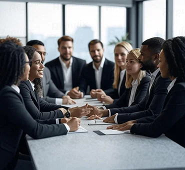 Professional regulatory team around a conference table discussing MEE Order 12 compliance strategies